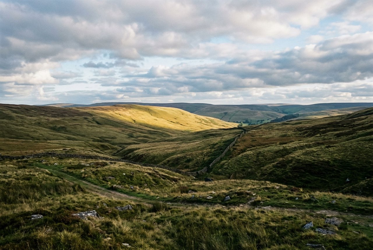 Half past five in the evening: an empty upland pasture with cloud shadow and one lit slope, the rest in shade