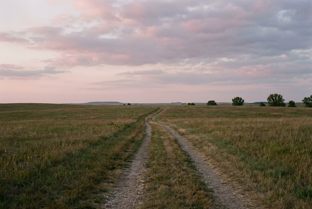 Eight in the evening: a wide plain of grass under a high pink and grey sky after sunset, a single track running out of frame