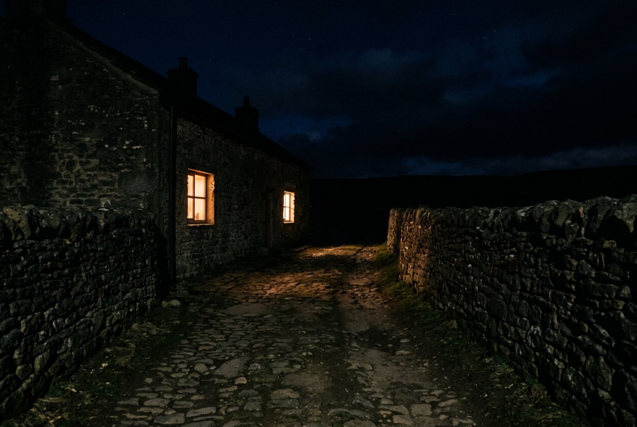 Eleven at night: a village lane between stone walls lit only by two windows and a very dark sky above