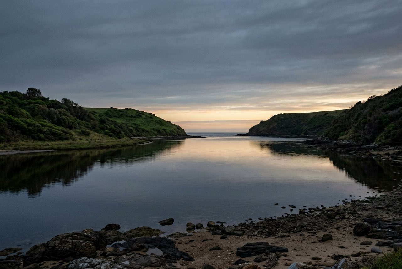 Half past five in the morning: a wide river mouth on a foreign shore between two low green headlands, the water like glass before any wind