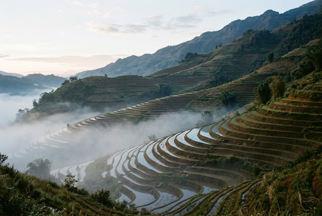 Seven in the morning: terraced fields stepping up a hillside in receding bands with mist in the lower terraces