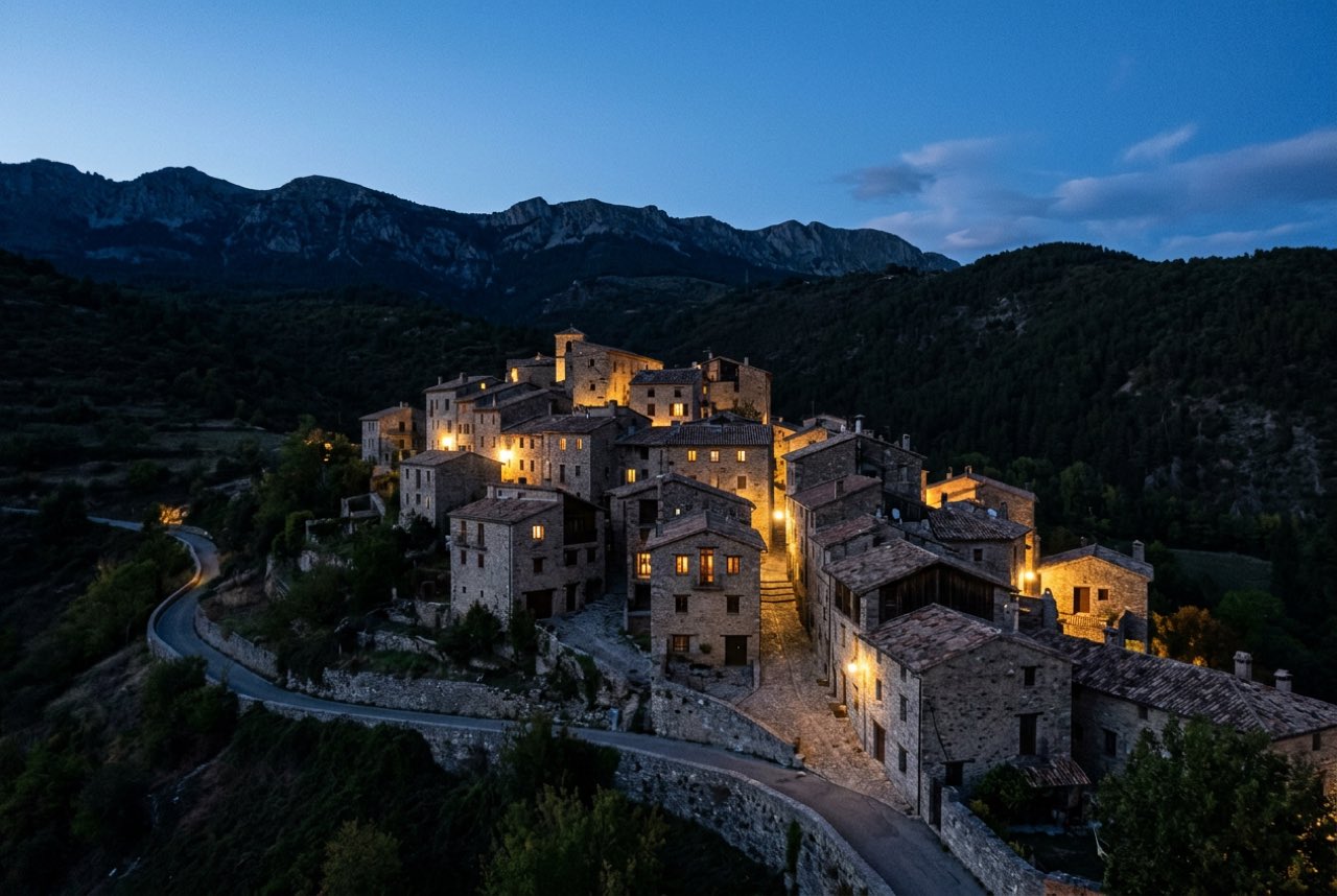 Nine at night: a small stone town on a hillside with its windows lit and the last blue still in the sky above the ridge