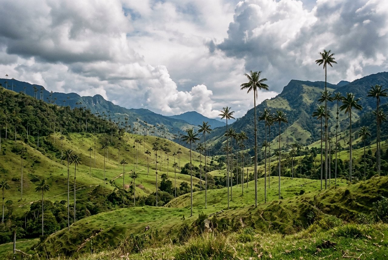 Half past three in the afternoon: a wide green valley of wax palms under building afternoon cloud