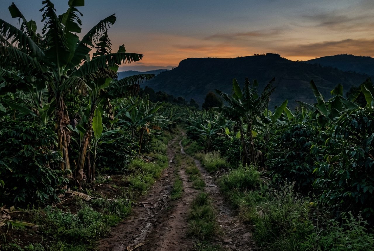 Six in the evening: a farm track between banana and coffee with the light going and the ridge dark