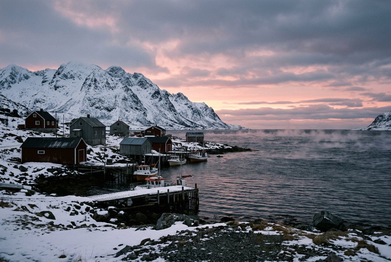 Two in the afternoon: the same coast in the brief pink daylight of an Arctic January, sea steaming