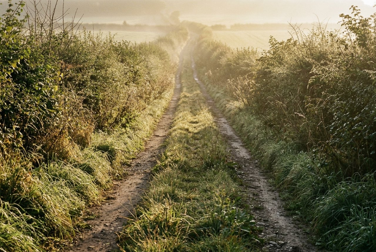 Eight in the morning: a farm track between hedge banks with dew on the grass and low sun straight down the lane