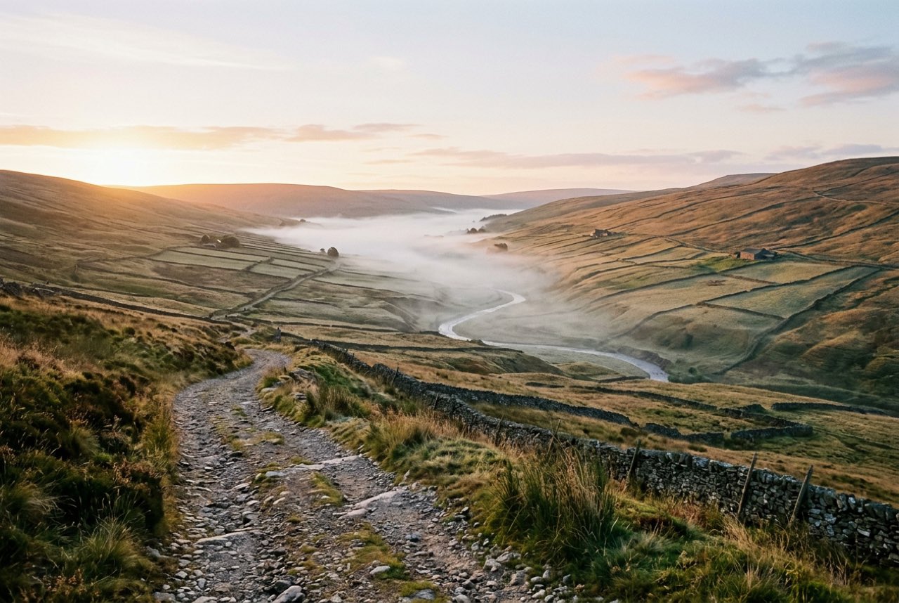 Six in the morning: a wide upland valley of small fields filling with level first light, mist still lying in the bottom, a stony track running down