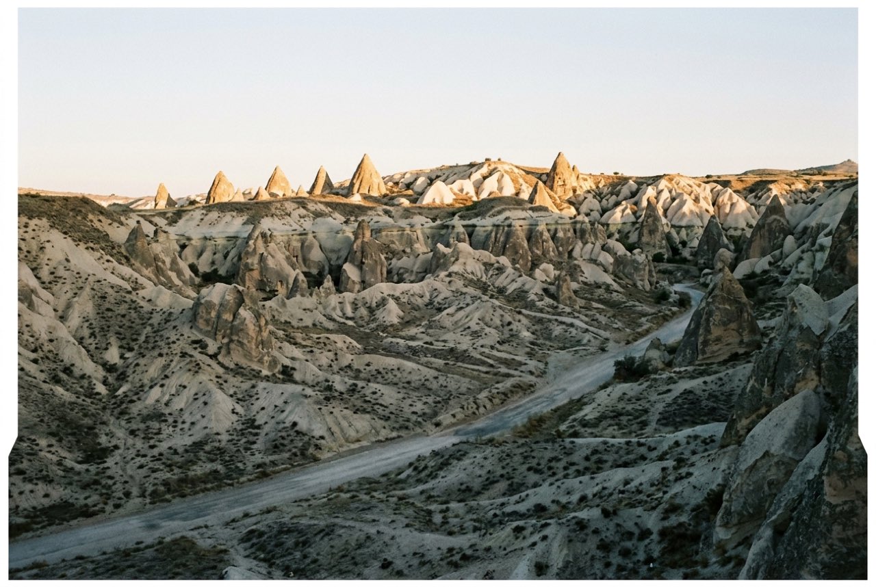 Half past six in the morning: an eroded volcanic valley of pale rock cones with the first sun on their tops and the floor still in shadow