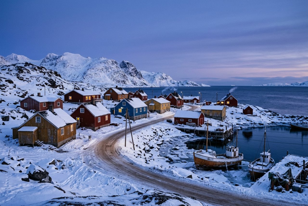 Half past three in the afternoon: an Arctic coast village in the blue hour, snow on the roofs, the sun already gone and the sky still faintly lit