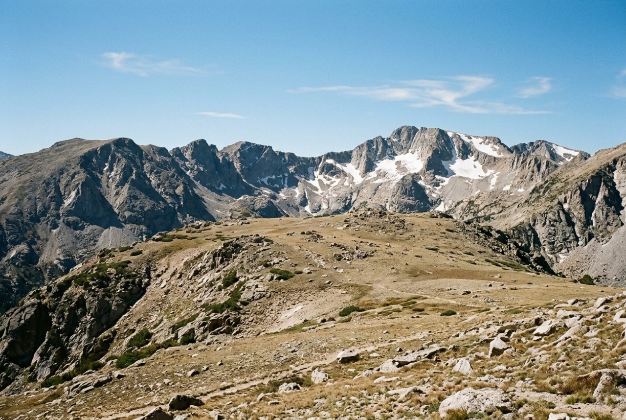 Two in the afternoon: a high mountain plateau above the tree line under hard clear sun, snow patches on the peaks, thin air