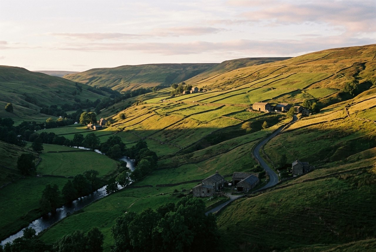 Eight in the evening: a green terraced river valley in northern Europe with long shadows and the light going gold on the far slope