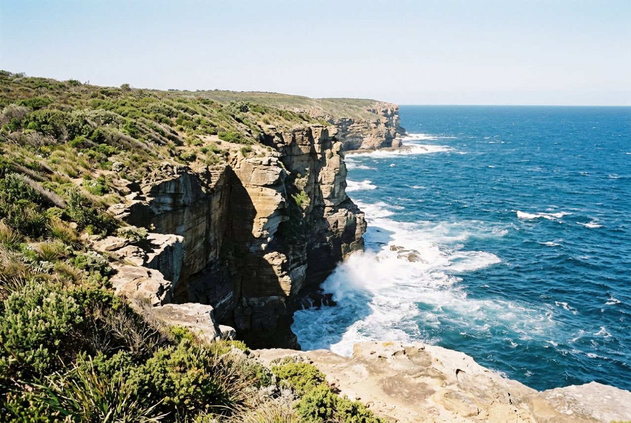 Ten in the morning: a southern hemisphere cliff coast in spring with hard bright light, wind flattened scrub, heavy sea below