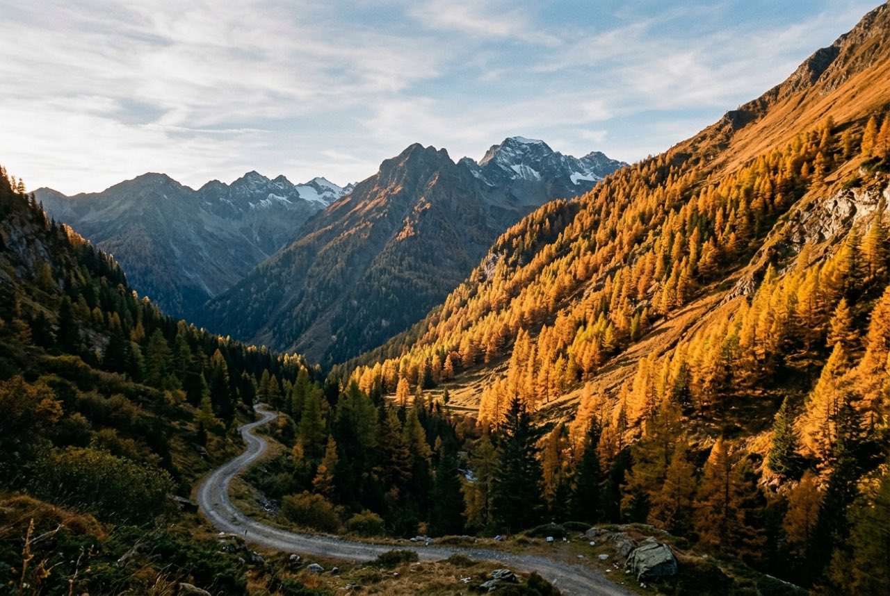 Four in the afternoon: a mountain valley of larch turning gold under a low sun, the shadowed side already cold blue