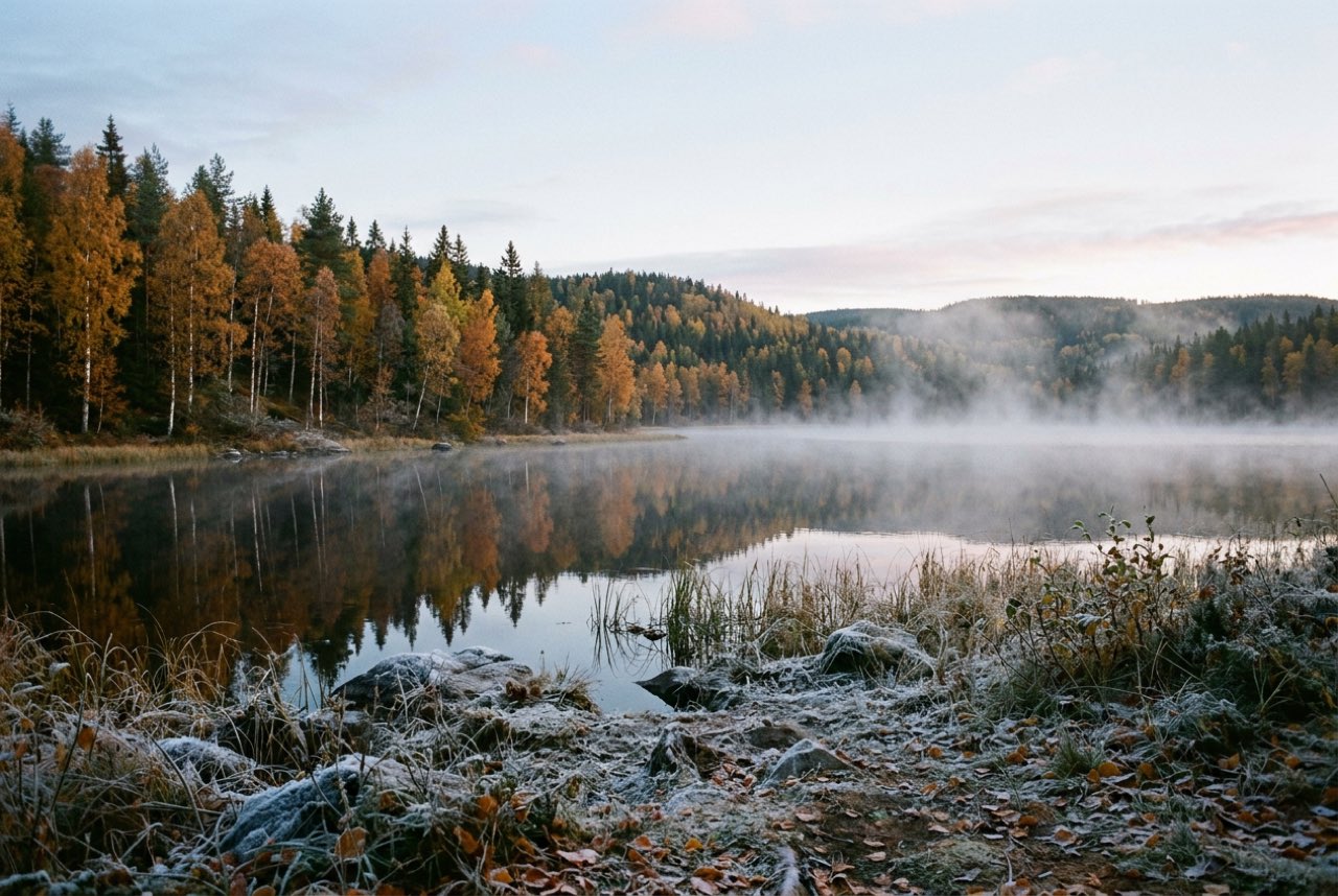 Half past seven in the morning: a northern forest of turning birch with frost on the ground and steam off a still lake