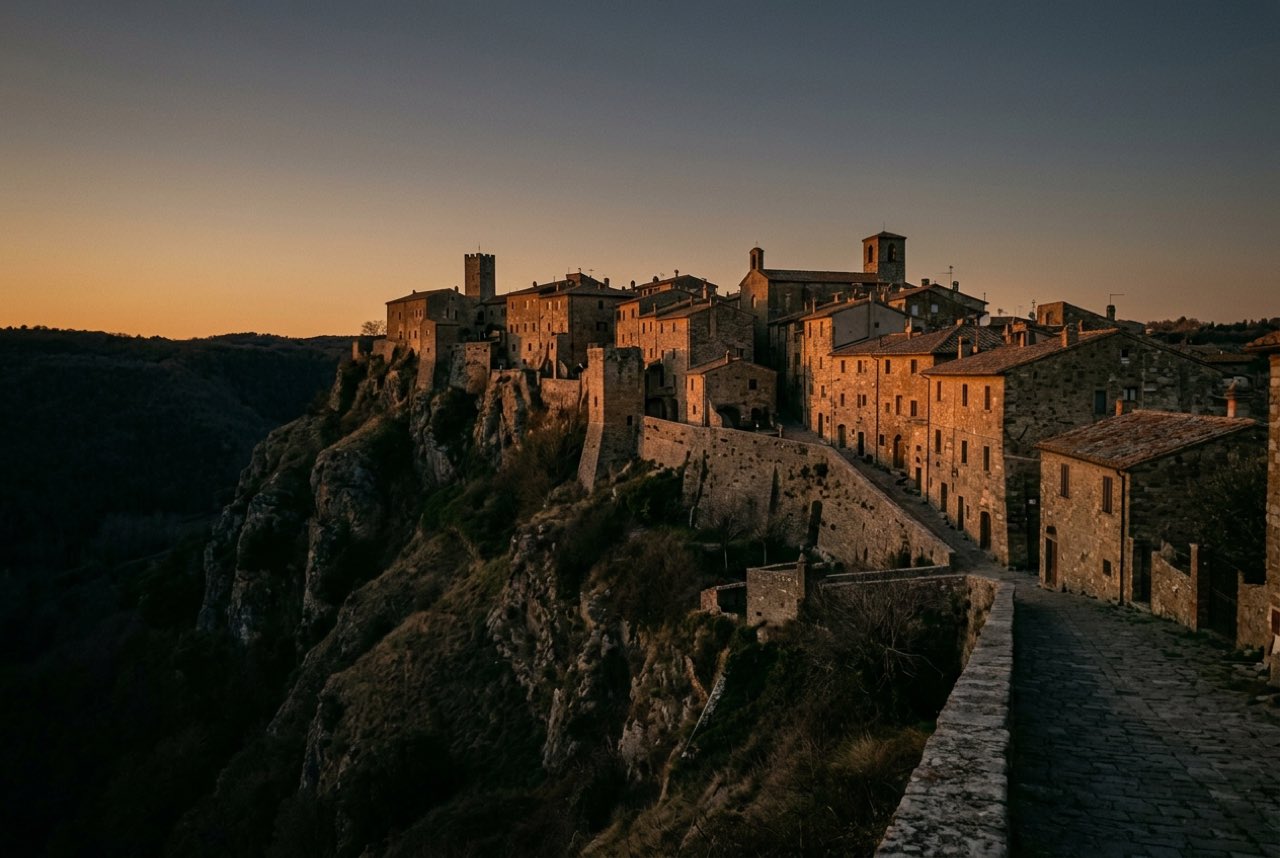 Half past seven in the evening: a stone hill town on a ridge with the last light on its west walls and the valley already dark