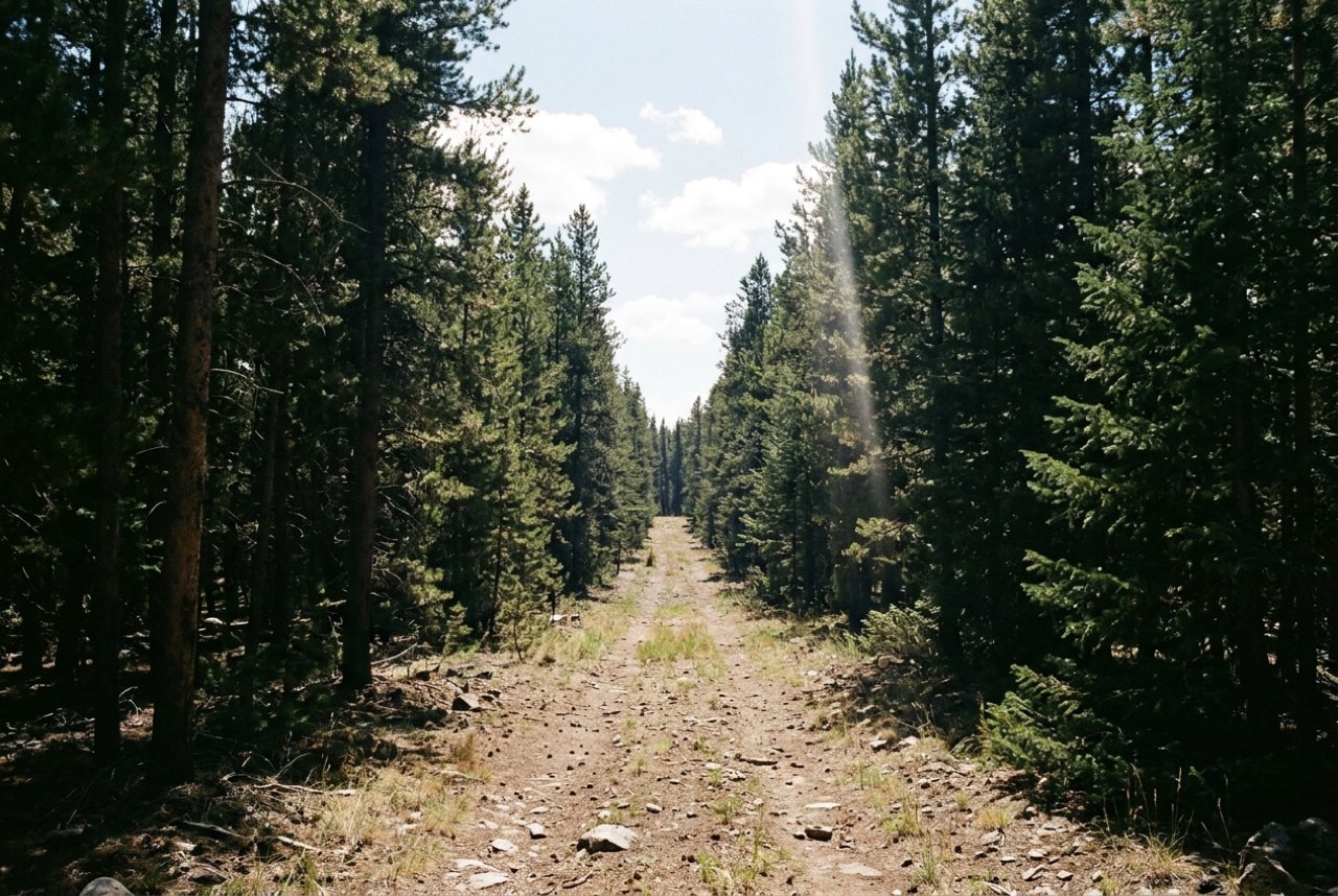 Two in the afternoon: a firebreak cut straight through dark conifer forest, hard shafts of light down the gap
