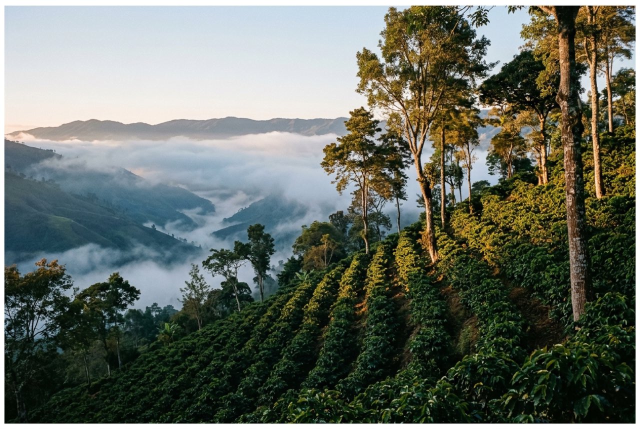 Seven in the morning: rows of coffee under tall shade trees on a steep Andean slope, mist in the valley below, first sun on the upper rows